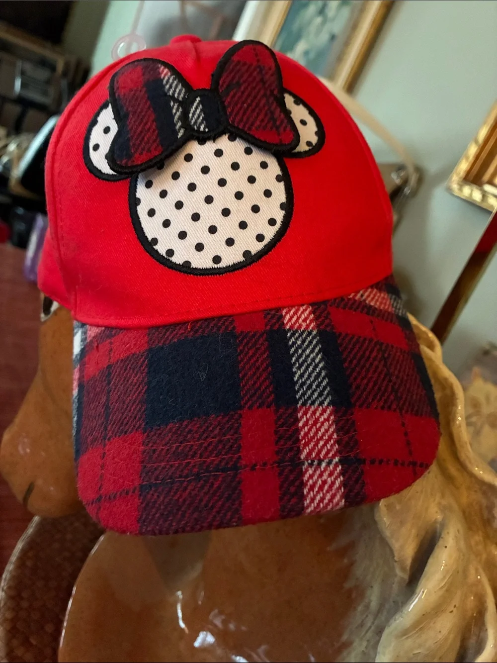 Disney Red Plaid Bow Kids Baseball Cap Adjustable back